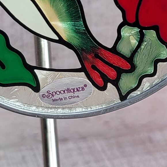 Hummingbird Suncatcher Appx 5x6 Oval Stained Glass Style Red Flowers Spoontiques - Picture 9 of 11